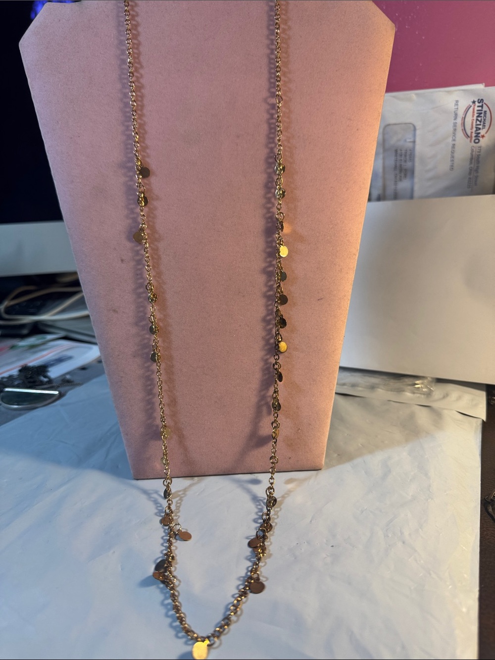 Delicate Gold Tone Disc Station Necklace  17”